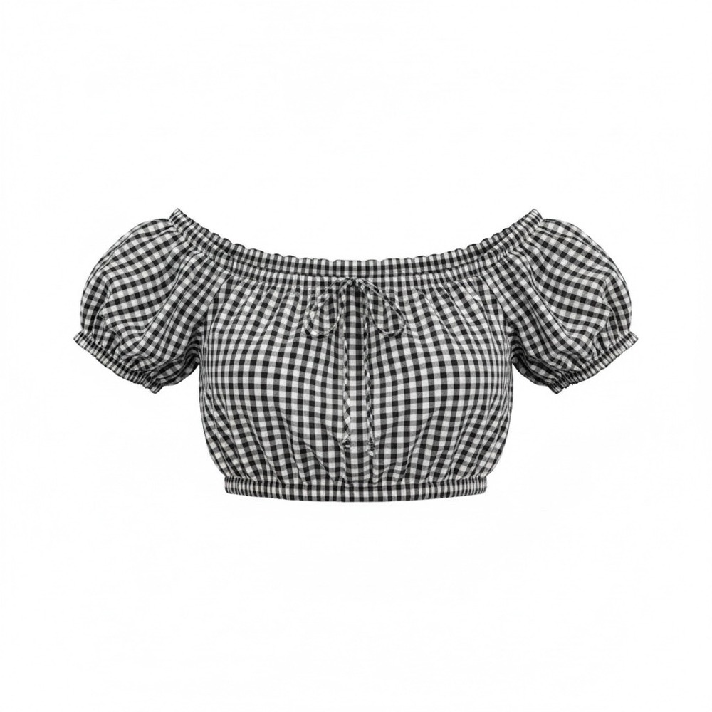 Love‎ J Womens Black White Gingham Off Shoulder Crop Top Puff Sleeve Medium